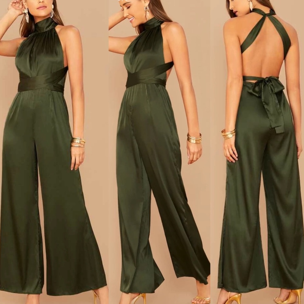 Green satin open back wrap dressy jumpsuit